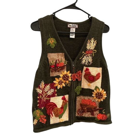 Vintage Womens Embroidered Sweater Vest Cardigan Fall Festival Farmhouse Chicken - Picture 1 of 8